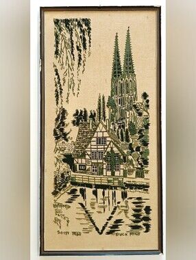 Vintage Embroidered Village Pond Scene Wall Art in Green and Cream